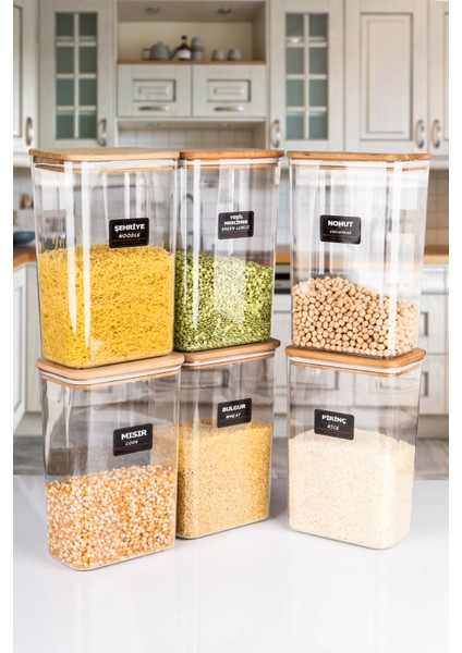 12 Li Ahşap Vakumlu Kapaklı Akrilik Erzak Saklama Kavanozu Saklama Kabı ve Kutusu 3 Litre Etiketli modelleri