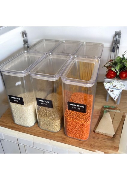 6'lı Etiketli Erzak Bakliyat Kiler Dolap Mutfak Düzenleyici Saklama Kabı Seti 3000 ml