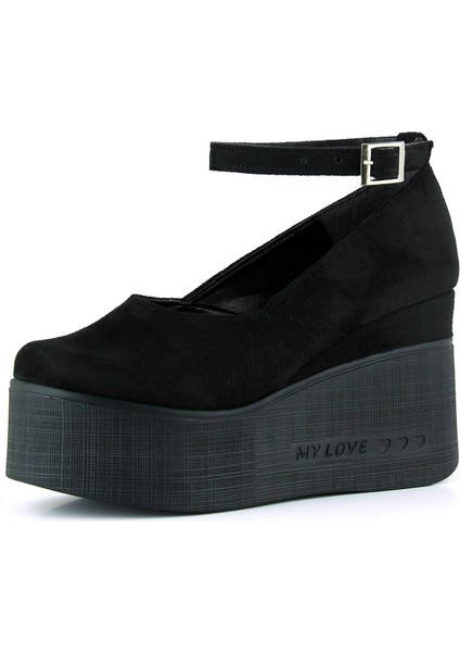 Tushar Siyah Süet Yuvarlak Burun Bantlı Gizli Dolgu Topuklu Günlük Ayakkabı