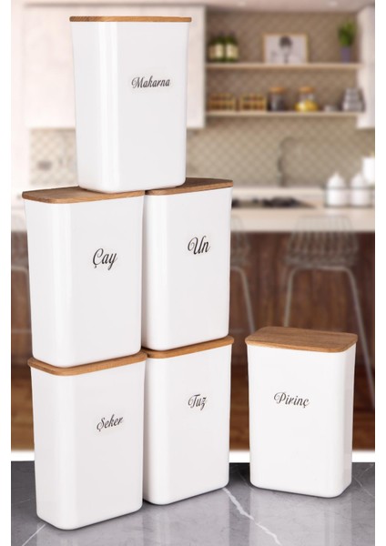 6'lı Beyaz Erzak Saklama Kutusu Ahşap Vakumlu Kapaklı 3 Lt Akrilik Etiketli