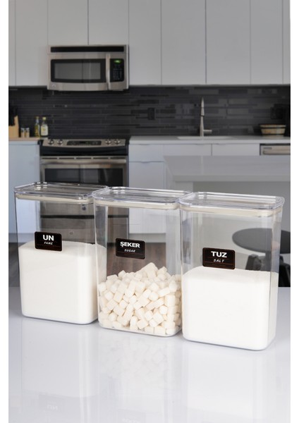 3 Lü Vakumlu Kapaklı Akrilik Un Tuz Şeker Saklama Kavanozu Kabı ve Kutusu 3 Litre Etiketli