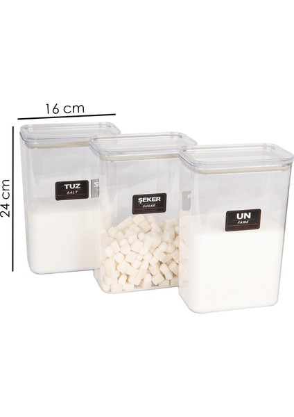 3 Lü Vakumlu Kapaklı Akrilik Un Tuz Şeker Saklama Kavanozu Kabı ve Kutusu 3 Litre Etiketli fiyatları