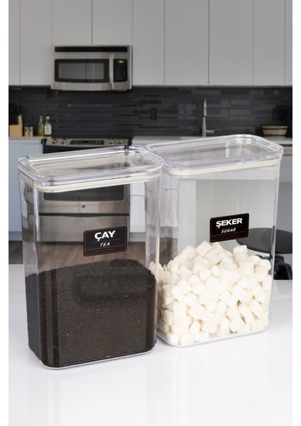 3 Lü Vakumlu Kapaklı Akrilik Un Tuz Şeker Saklama Kavanozu Kabı ve Kutusu 3 Litre Etiketli modelleri
