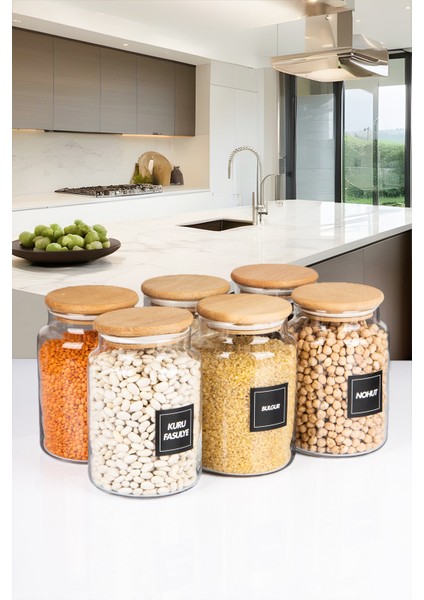 6'lı Ahşap Vakumlu Kapaklı Cam Erzak Kavanozu Saklama Kabı