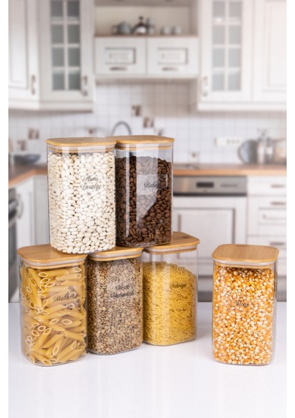 6'lı Bambu Vakum Kapaklı Borosilikat Cam Kavanoz Erzak Saklama Kabı 1200 ml