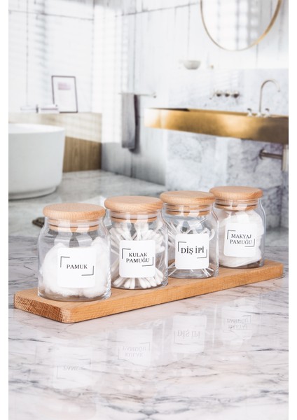 4'lü Ahşap Stantlı Vakumlu Bambu Kapaklı Cam Kavanoz Banyo Pamuk Kavanoz Seti 300 ml