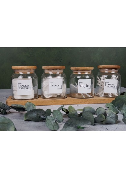 4'lü Ahşap Stantlı Vakumlu Bambu Kapaklı Cam Kavanoz Banyo Pamuk Kavanoz Seti 300 ml fiyatları