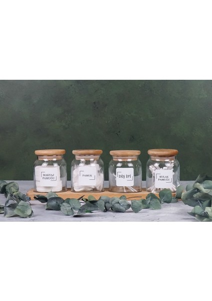 4'lü Ahşap Stantlı Vakumlu Bambu Kapaklı Cam Kavanoz Banyo Pamuk Kavanoz Seti 300 ml fırsatları
