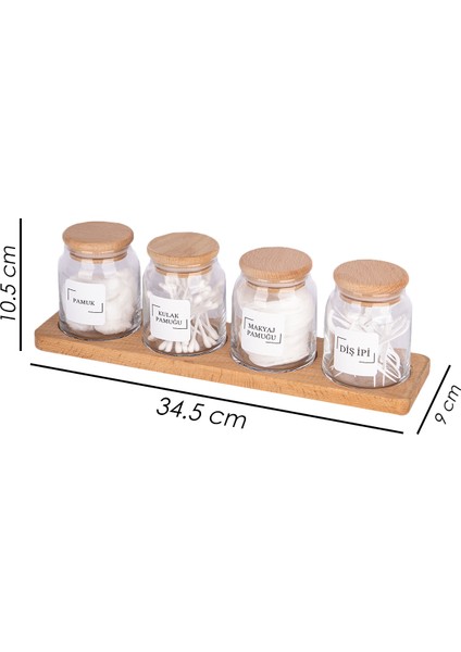 4'lü Ahşap Stantlı Vakumlu Bambu Kapaklı Cam Kavanoz Banyo Pamuk Kavanoz Seti 300 ml