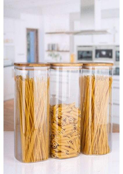 3 Lü Jumbo Boy Borosilikat Cam Bambu Vakum Kapaklı Makarna Erzak Kavanozu 2200 ml