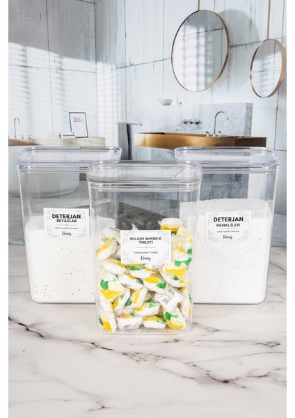 3'lü Ölçekli Etiketli Deterjan Renkliler - Beyazlar - Tablet Kavanozu Kutusu Düzenleyici 2 Lt