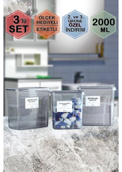 3'lü Ölçekli Etiketli Deterjan Renkliler - Beyazlar - Tablet Kavanozu Kutusu Düzenleyici 2 Lt indirimleri