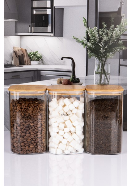 3'lü Bambu Vakum Kapaklı Borosilikat Cam Kavanoz Erzak Saklama Kabı 1200 ml