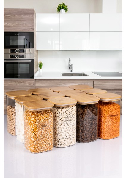 12'li Bambu Vakum Kapaklı Borosilikat Cam Kavanoz Erzak Saklama Kabı 1200 ml