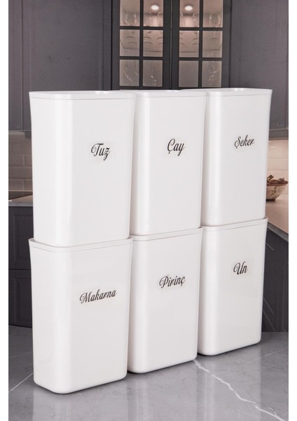 6'lı Beyaz Erzak Saklama Kutusu Vakumlu Kapaklı 3 Lt Akrilik Etiketli
