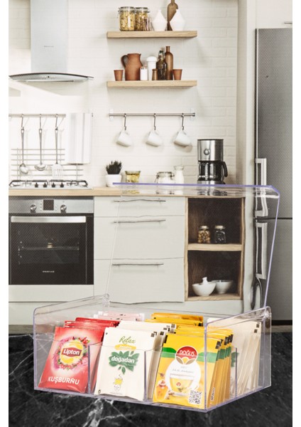 Çay Kutusu 6 Bölmeli Kapaklı Poşet Bitki Çayı Saklama Kabı Akrilik