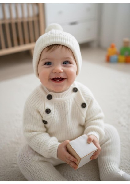 Çocuk Triko Selanık Örme Şapkalı Kışlık Özel Düğmeli Şapkalı 3 Lü Takım