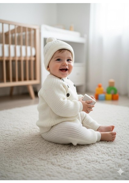 Çocuk Triko Selanık Örme Şapkalı Kışlık Özel Düğmeli Şapkalı 3 Lü Takım modelleri