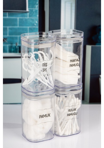 4'lü Vakumlu Kapaklı Şeffaf Kulak Pamuğu, Pamuk, Makyaj Pamuğu, Diş Ipi Kavanozu Akrilik modelleri
