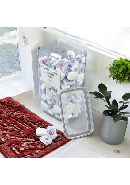 Bulaşık Makinası Tablet Deterjanlık Akrilik Vakum Kapak Saklama Kabı Kavanoz 3 Lt