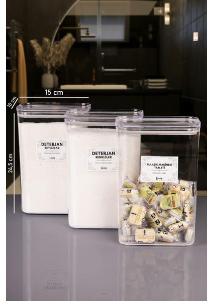 3 Adet Vakumlu Kapaklı Tablet ve Toz Deterjan Renkliler Beyazlar Etiketli Kutu Akrilik 3 Litre fiyatları