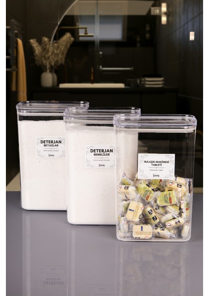 3 Adet Vakumlu Kapaklı Tablet ve Toz Deterjan Renkliler Beyazlar Etiketli Kutu Akrilik 3 Litre fırsatları