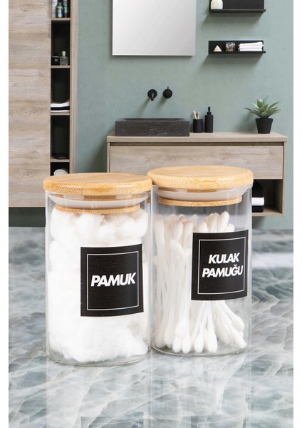 2'li Bambu Vakumlu Kapaklı Kulak Pamuğu ve Pamuk Kavanozu Pamukluk Seti 250 ml modelleri