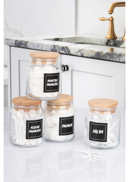 4'lü Bambu Vakumlu Kapaklı Kulak Pamuğu Makyaj Pamuğu Diş Ipi ve Pamuk Kavanozu Pamukluk Seti 300 ml