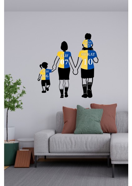 Kişiye Özel Taraftar Duvar Dekoru-Anne-Baba-1 Kız 1 Erkek Çocuk-Isimli ve Numaralı -Takım Renkleri