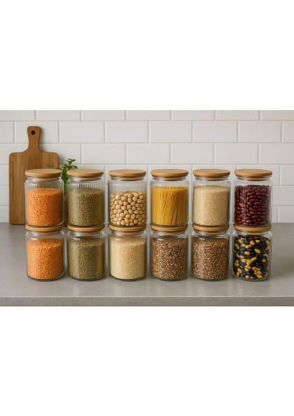 12'li Cam Kavanoz Bakliyat Seti, Vakum Kapaklı Büyük Boy Erzak Saklama Kabı 1 Lt Hacim