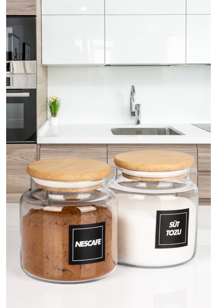 2'li Ahşap Vakumlu Kapaklı Neskafe & Süt Tozu Saklama Kabı 600 ml Cam Kavanoz
