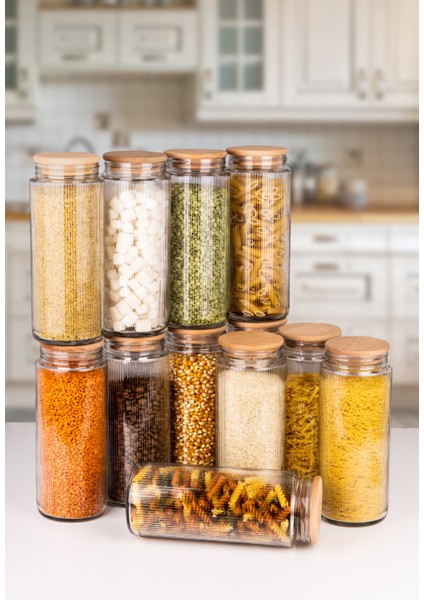 12 Adet Ahşap Vakumlu Kapaklı Cam Kavanoz ve Erzak Saklama Kabı ve Düzenleyici 1500 ml