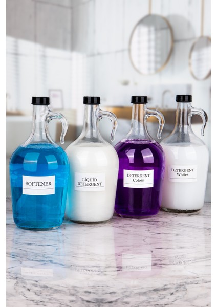 4'lü Şişe Banyo Seti Cam Softener Detergent Whites Colors Dark Şişesi 1500 ml Siyah Kapaklı