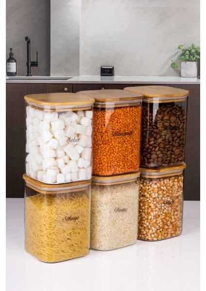 6'lı Bambu Vakum Kapaklı Borosilikat Cam Kavanoz Erzak Saklama Kabı 1000 ml