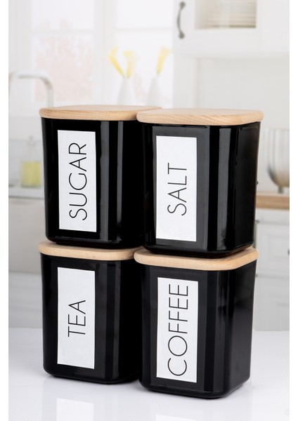 4'lü Ahşap Vakum Kapaklı Saklama Kabı Çay Şeker Kahve Tuz Akrilik Siyah Kavanoz Set 900 ml Ingilizce
