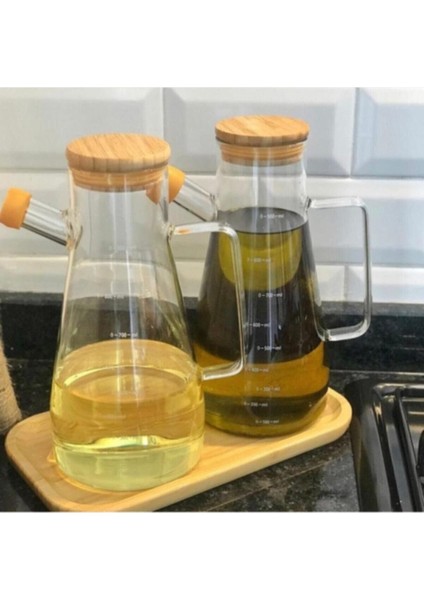 Borosilikat 2 Li Bambu Standlı Yağlık Sirkelik Set 900 ml