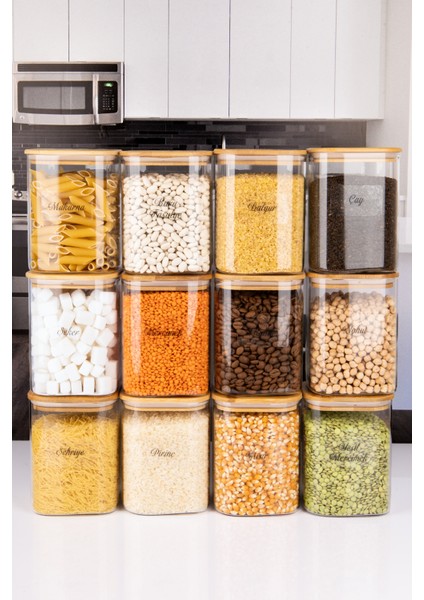 12'li Bambu Vakum Kapaklı Borosilikat Cam Kavanoz Erzak Saklama Kabı 1000 ml