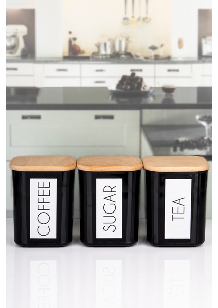 3'lü Ahşap Vakum Kapaklı Saklama Kabı Çay Şeker Kahve Ingilizce Akrilik Siyah Kavanoz Set 900 ml modelleri