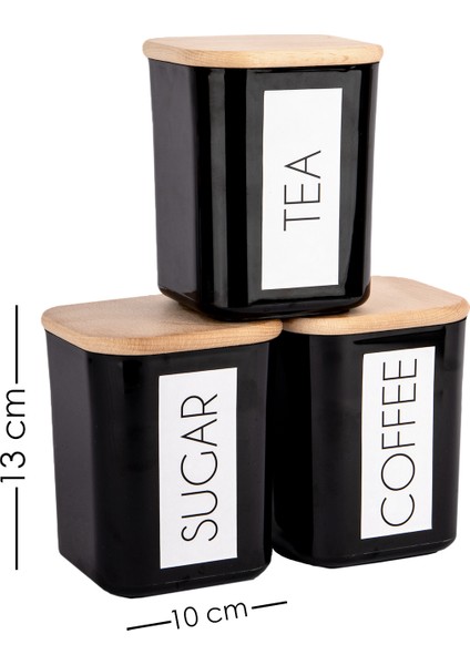 3'lü Ahşap Vakum Kapaklı Saklama Kabı Çay Şeker Kahve Ingilizce Akrilik Siyah Kavanoz Set 900 ml fırsatları