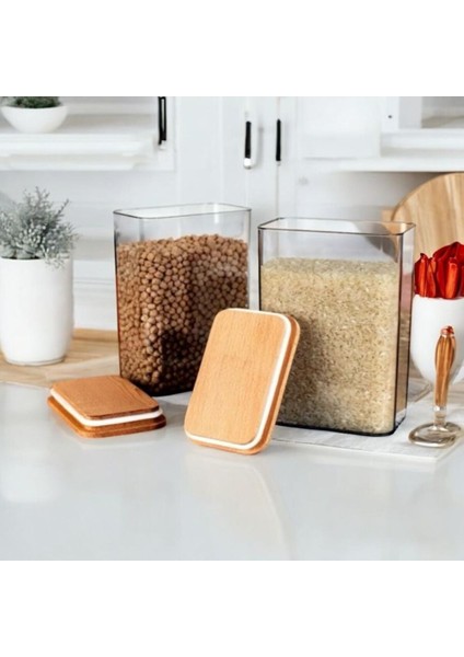 2'li Ahşap Vakumlu Kapaklı Erzak Bakliyat Saklama Kavanozu Kabı/kutusu 3 Litre Etiket Hediyeli