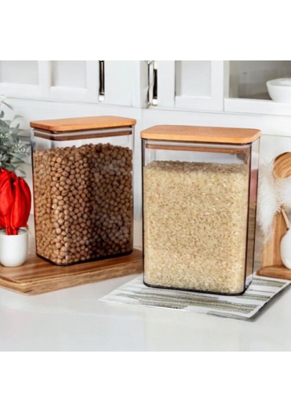 2'li Ahşap Vakumlu Kapaklı Erzak Bakliyat Saklama Kavanozu Kabı/kutusu 3 Litre Etiket Hediyeli fiyatları