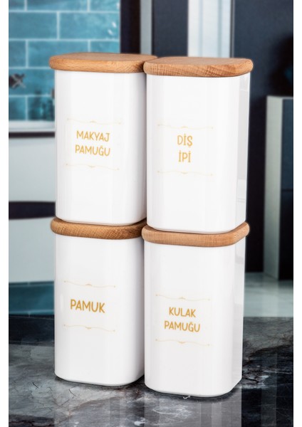 4'lü Ahşap Kapaklı Beyaz Kulak Pamuğu, Pamuk, Makyaj Pamuğu, Diş Ipi Kavanozu Akrilik