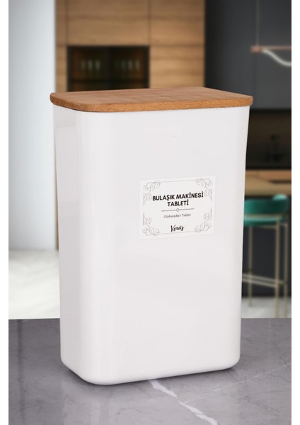 Beyaz Ahşap Vakumlu Kapak Bulaşık Makinesi Tableti Deterjanı Saklama Düzenleme Kutusu 3 Lt