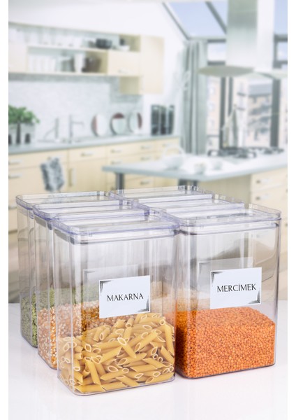 6'lı Kristal Akrilik Bakliyat Seti Vakum Kapaklı Erzak Saklama Kabı Sızdırmaz Erzak Seti 3000 ml