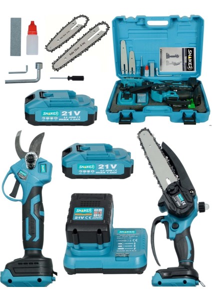 2 Li Set 21 V 2x Akülü Çelik Şanzıman 2 Pala Zincirli Şarjlı Dal Ağaç Kesme Bağ Budama Makası