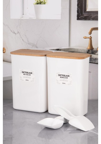 2 'li Ölçekli Beyaz Ahşap Vakum Kapak Renkliler Beyazlar Toz Deterjan Saklama Düzenleme Kutusu 3 Lt