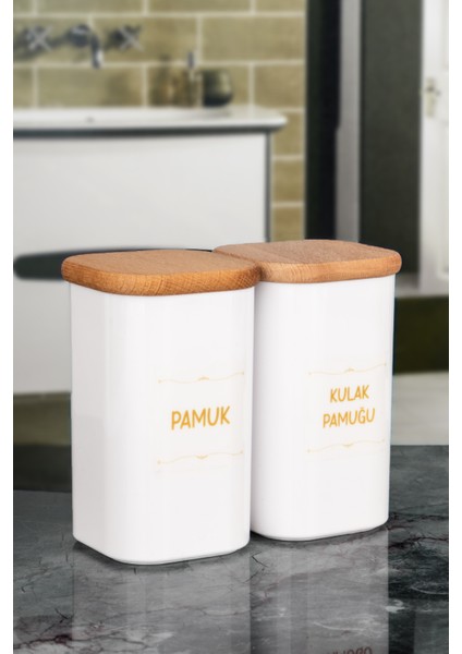 2'li Ahşap Kapaklı Beyaz Kulak Pamuğu, Pamuk, Makyaj Pamuğu, Diş Ipi Kavanozu Akrilik