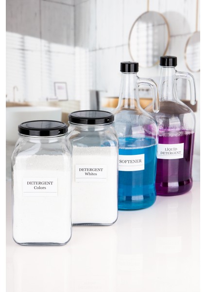 Dekoratif Cam 4 Lü Softener ve Sıvı Deterjan Şişesi 3 Lt ve Deterjan Whites Colors Kavanozu 3 Lt modelleri