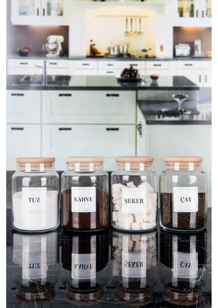 4'lü Ahşap Kapaklı Etiketli Çay Şeker Kahve Tuz Cam Kavanoz Saklama Kabı 800 ml