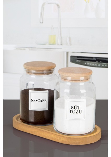 2'li Ahşap Stantlı Bambu Kapaklı Süt Tozu Kahve Etiketli Kavanoz 800 ml modelleri